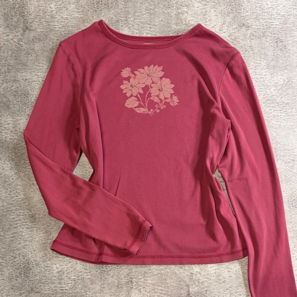 Pink Floral Graphic Rhinestone Long Sleeve Top